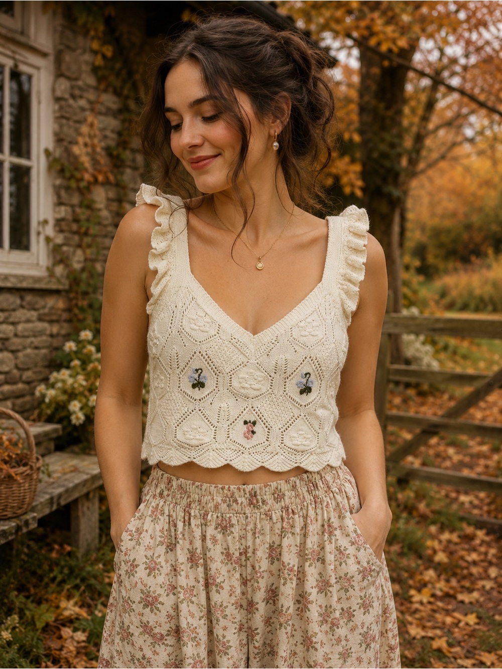 Chelsea & Violet Ivory Embroidered Crochet Knit Crop Top – Size Large